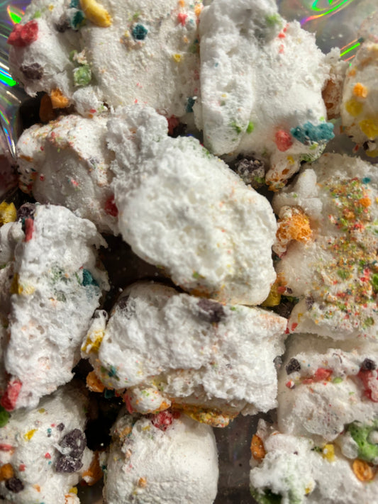 Freeze-Dried Marshmallows rolled in Fruity Pebbles