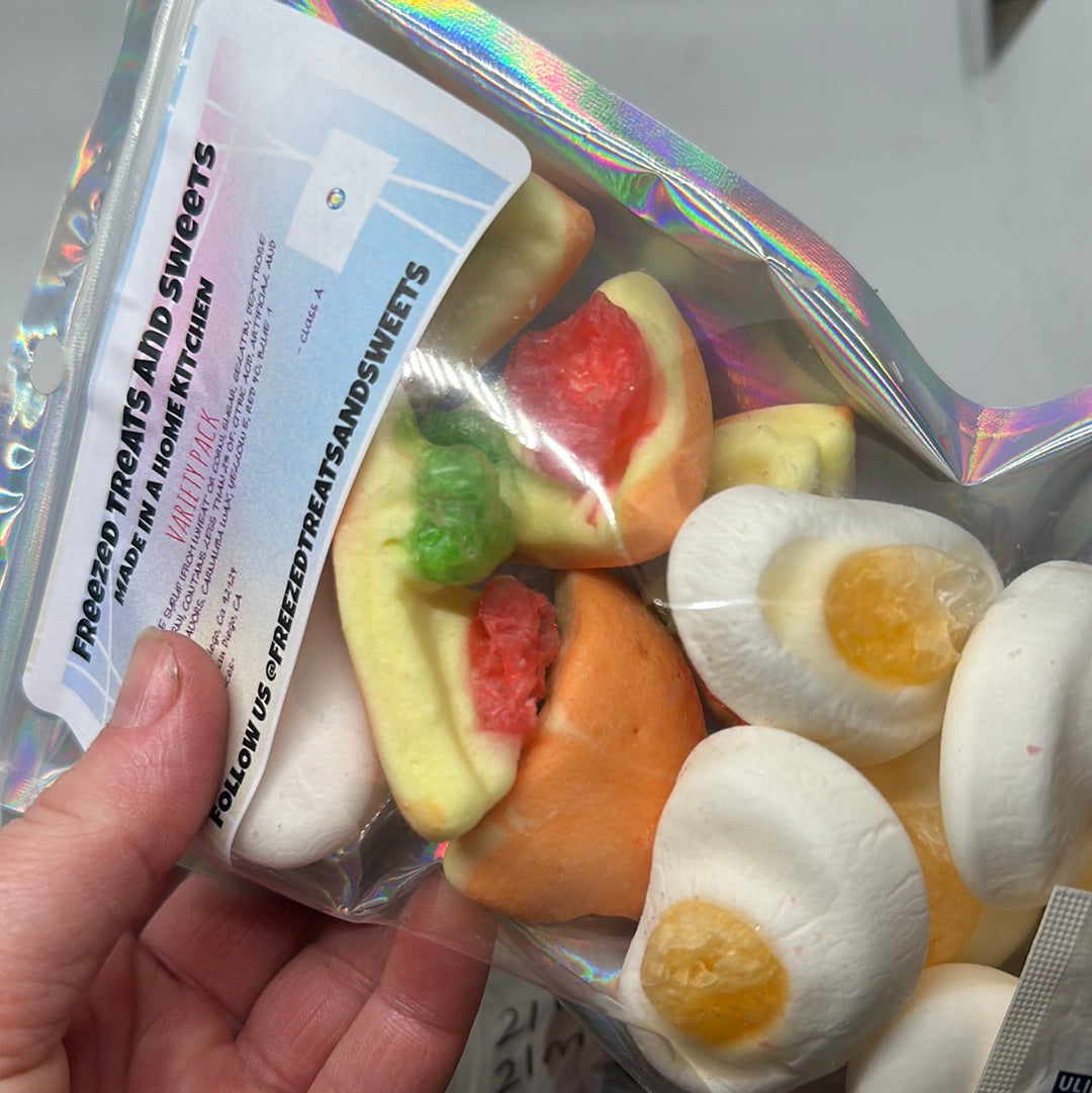 Freeze-Dried Gummy Pizza and Fried Egg Variety